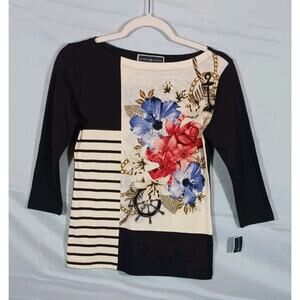 Karen Scott PP Blue White Floral Striped Nautical Embellished 3/4 Sleeve Top NWT